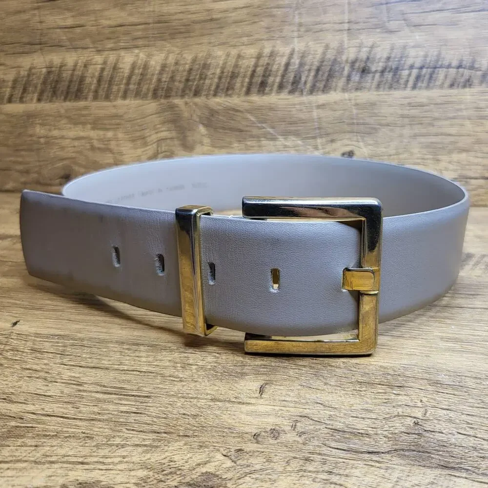 VTG B. G. Street Beige Tan Leather Belt Womens Medium Gold Buckle 80s